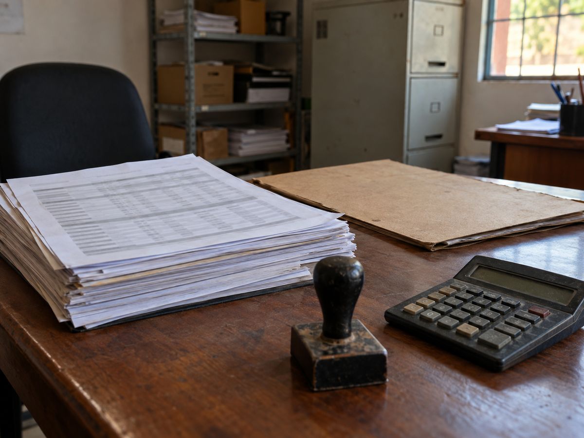 Mesa de escritório com pilha de documentos, carimbo e calculadora