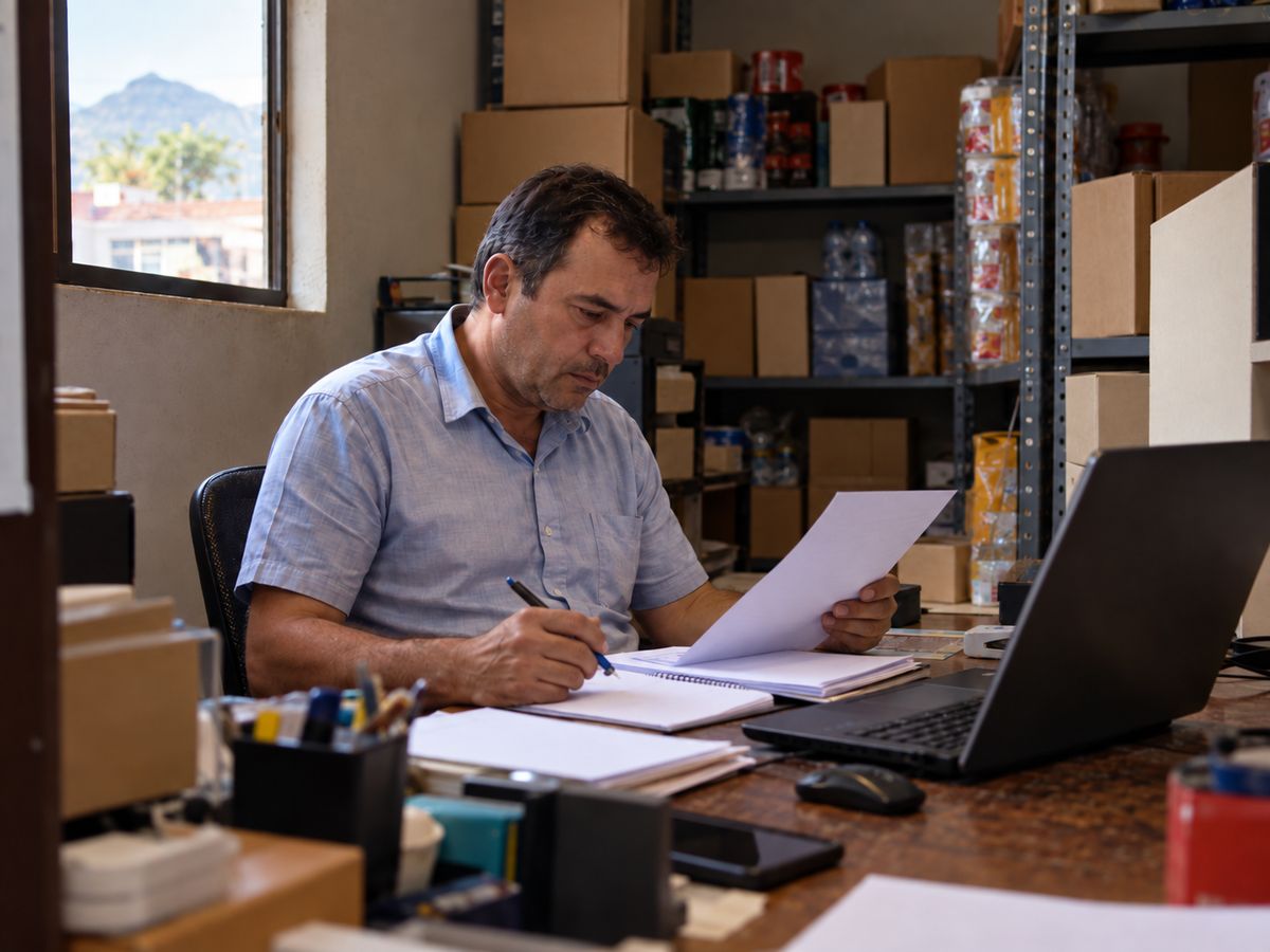 Empresário conferindo documentos à mesa com notebook e prateleiras de estoque ao fundo