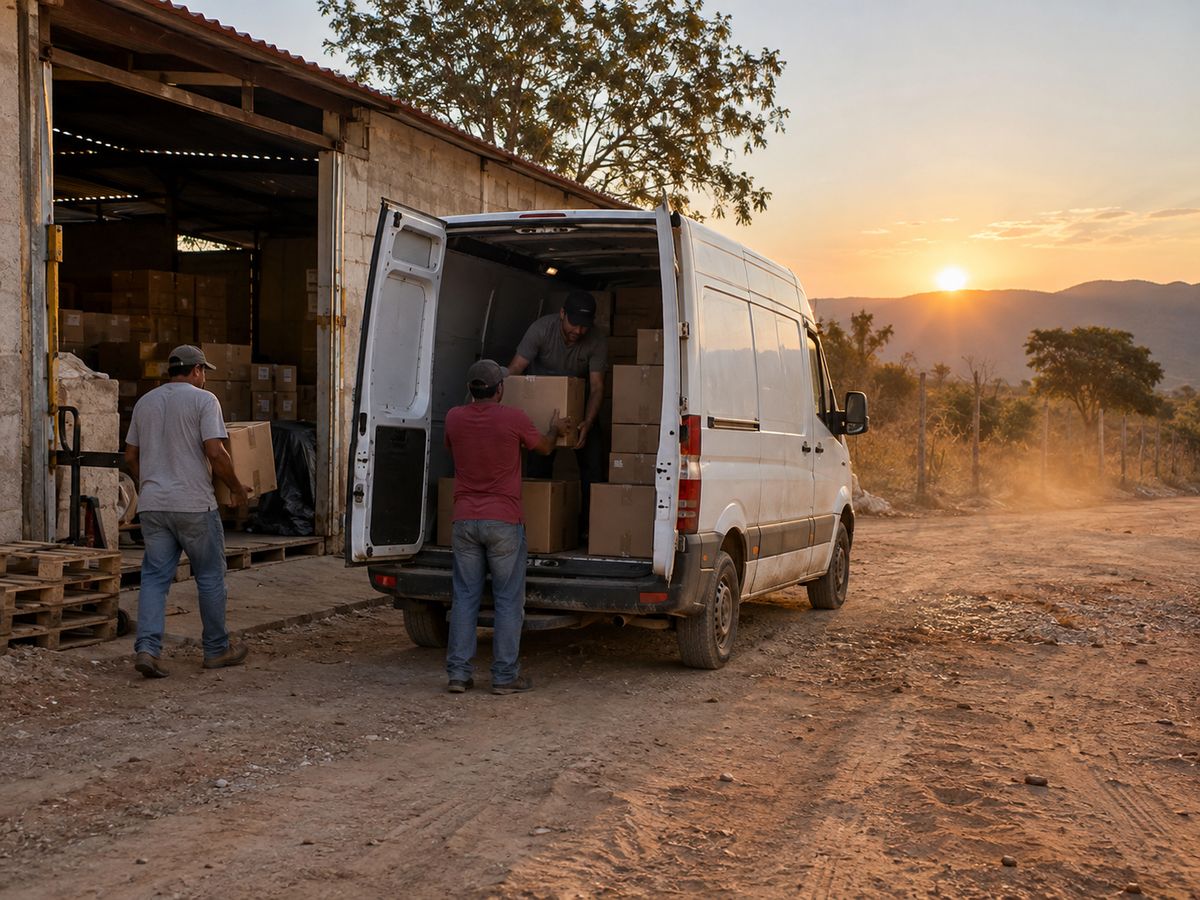 Trabalhadores carregando caixas em uma van branca junto a um galpão e estrada de terra ao pôr do sol