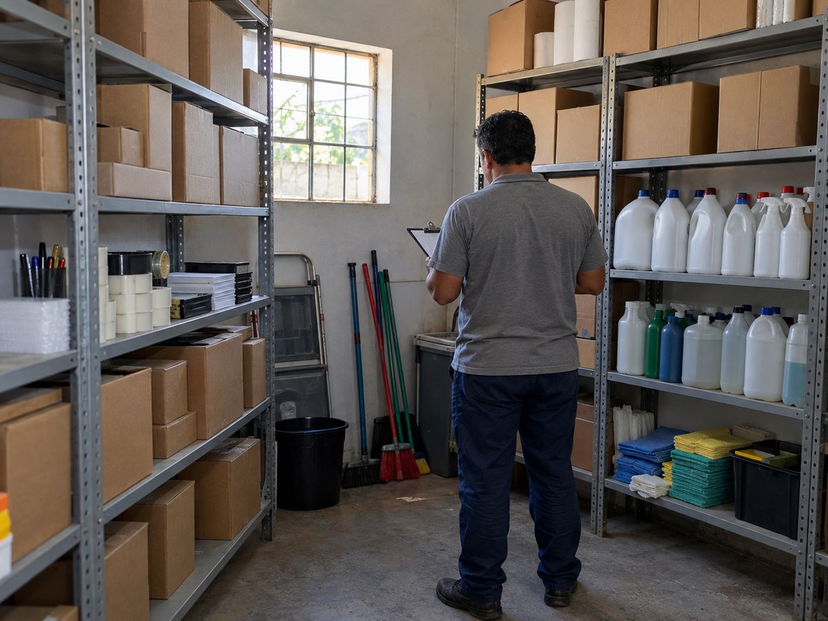 Funcionário de costas conferindo com uma prancheta as prateleiras de um estoque com caixas e produtos