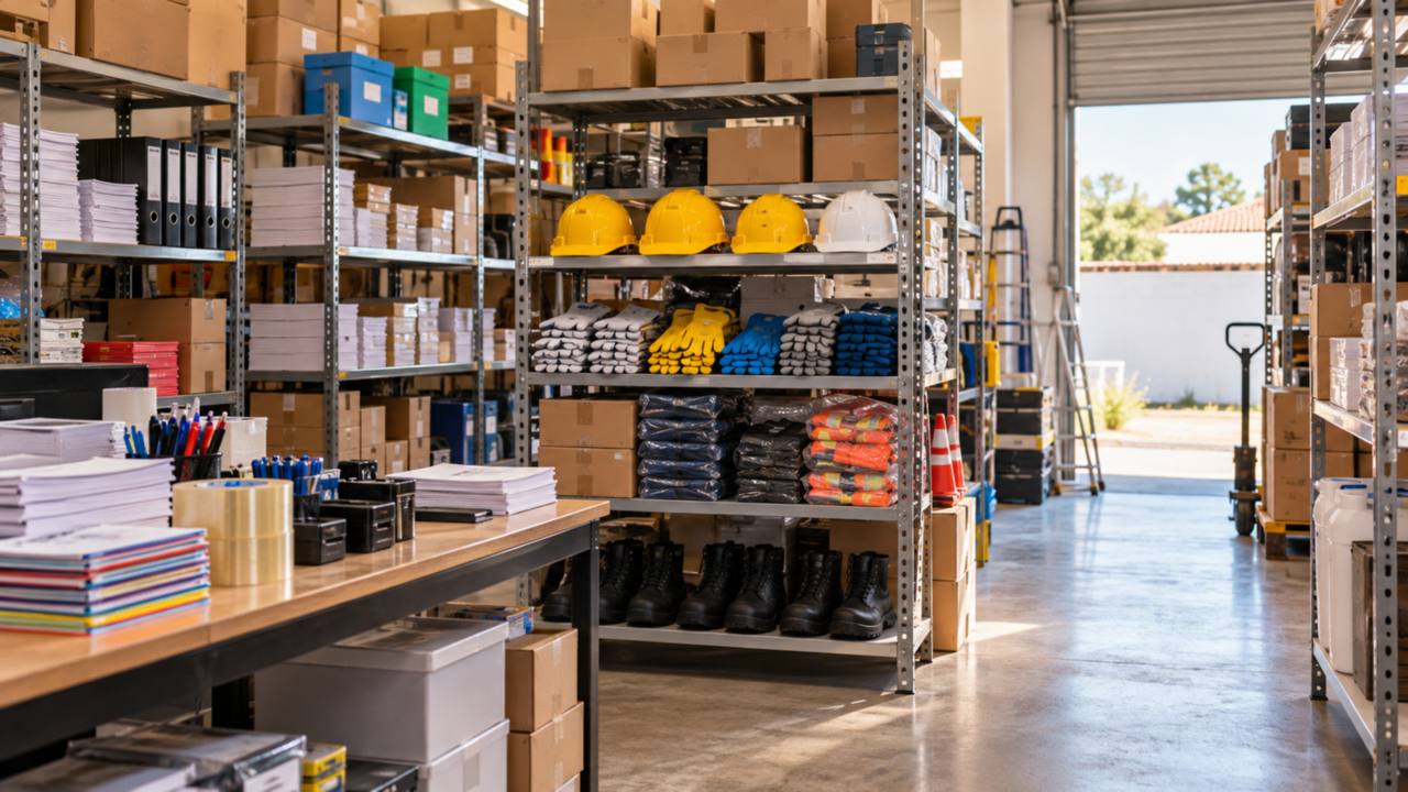 Estoque de distribuidora com materiais de papelaria, capacetes, luvas e caixas nas prateleiras